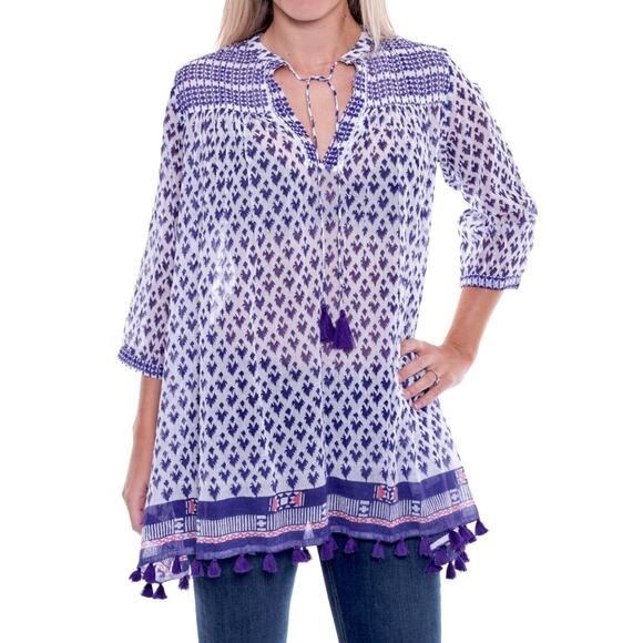 Roberta Roller Rabbit White Purple Sheer Serafina Pom Pom Tunic Top Tie Tassels - Picture 1 of 12